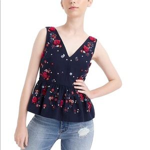 J. Crew hand embellished peplum top navy linen ruffled sleeveless v-neck 8 EUC